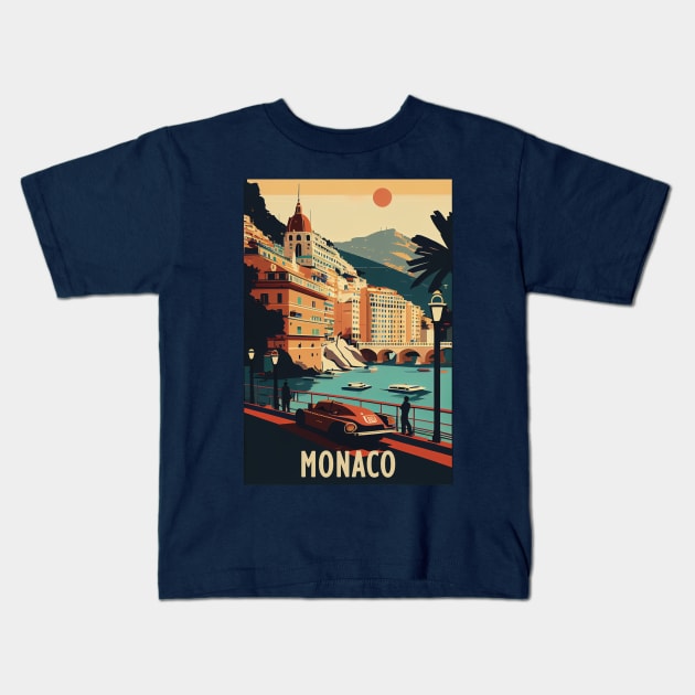 Monaco Travel Poster Kids T-Shirt by GreenMary Design